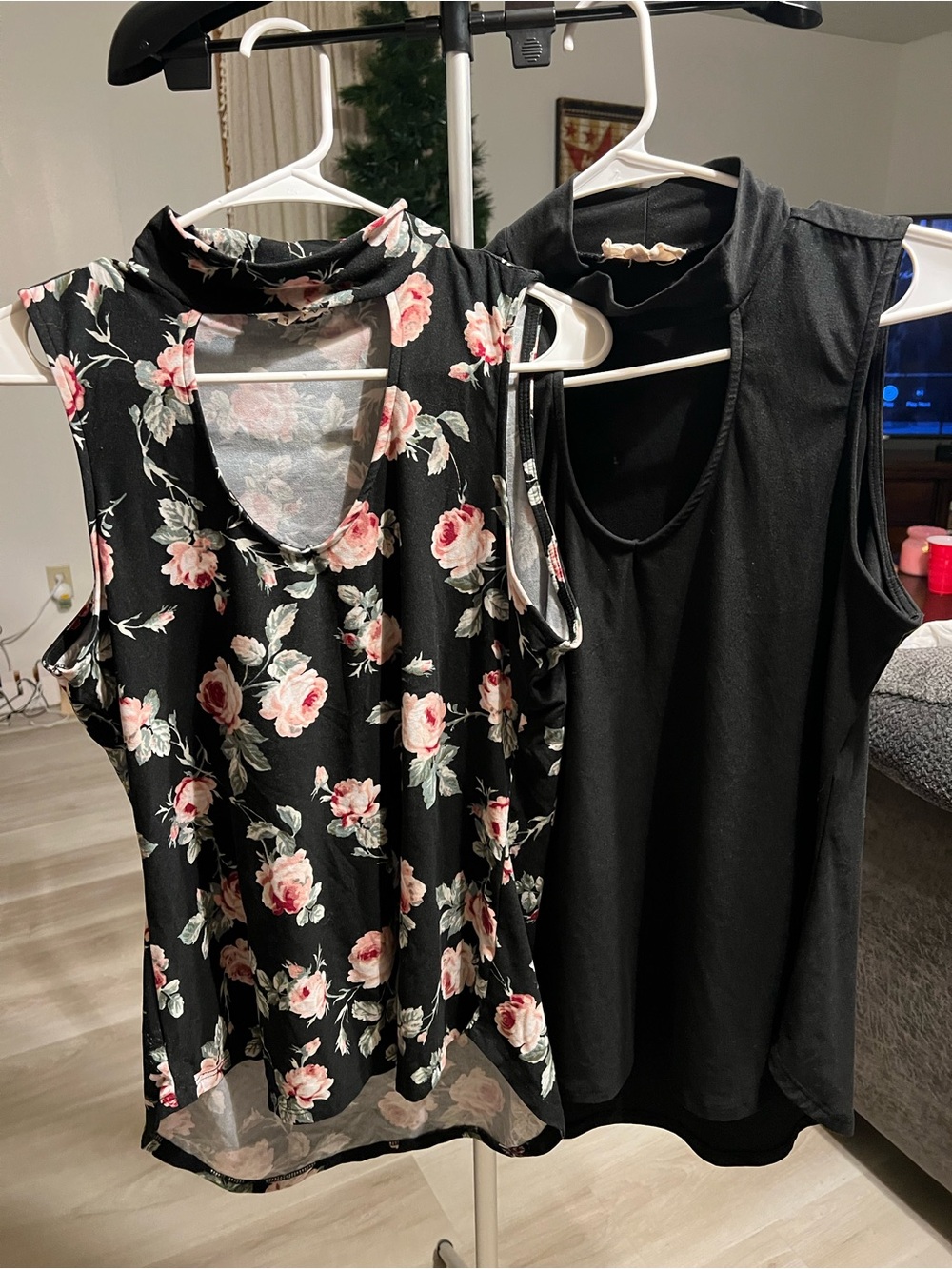 Sleeveless Mock Neck Tank Tops - Black & Black Floral